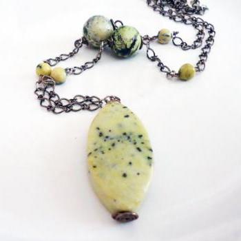 Necklace, Yellow Turquoise Pendant, Brass,Turquoise, Yellow and Green, Spring and Summer Necklace